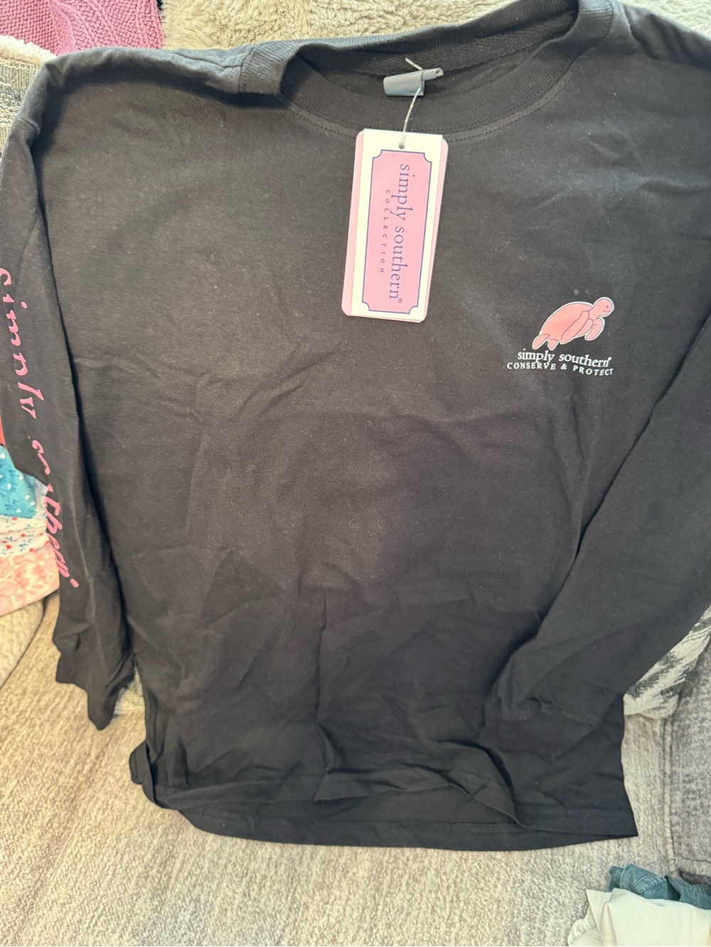 Simply Southern Black Long Sleeve Tee with Pink Logo and Sleeve Script